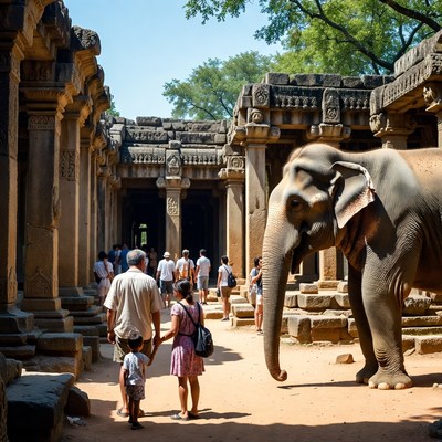 Elephant with tourists at ancient temple