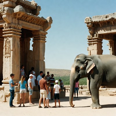Elephant with tourists at ancient temple
