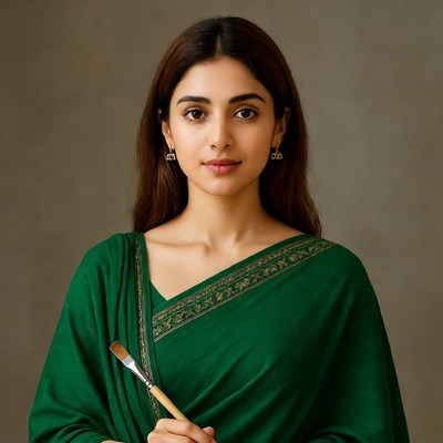 Indian woman holding paintbrush in green saree