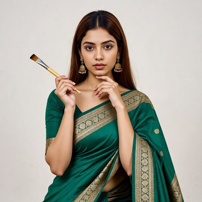 Indian woman holding paintbrush in green saree