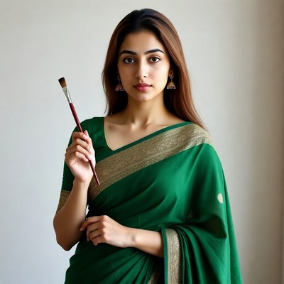 Indian woman holding paintbrush in green saree