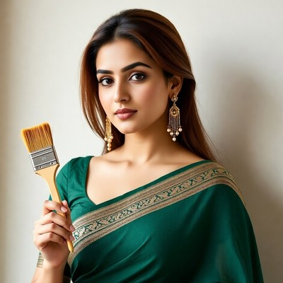 Indian woman holding paintbrush in green saree