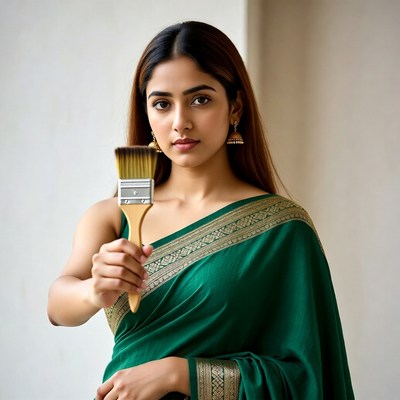Indian woman holding paintbrush in green saree