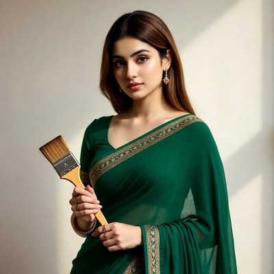Indian woman holding paintbrush in green saree