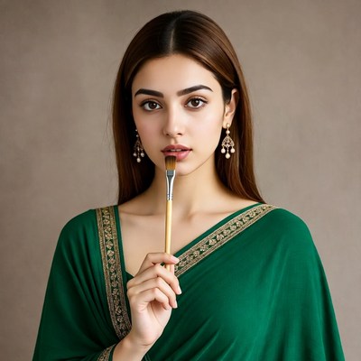 Indian woman holding paintbrush in green saree