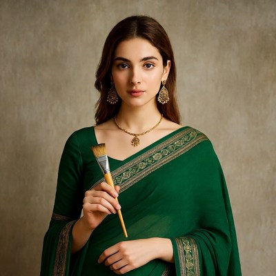 Indian woman holding paintbrush in green saree