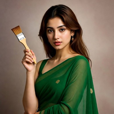 Indian woman holding paintbrush in saree