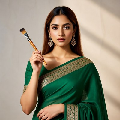 Indian woman holding paintbrush in green saree