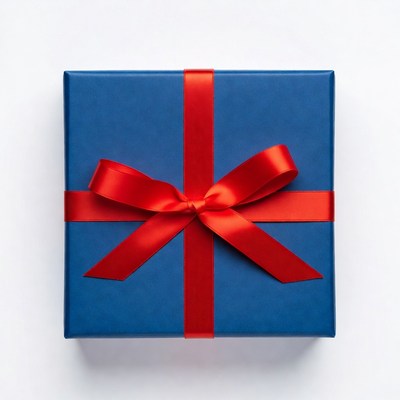 Blue gift box with red ribbon