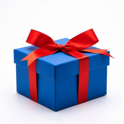 Blue gift box with red ribbon