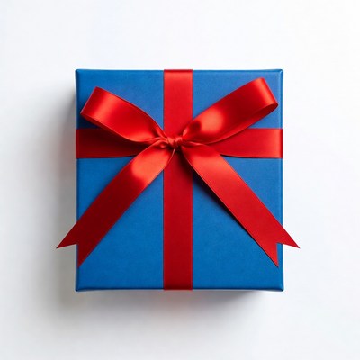 Blue gift box with red ribbon