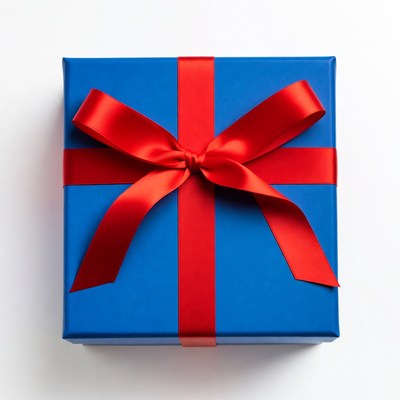 Blue gift box with red ribbon