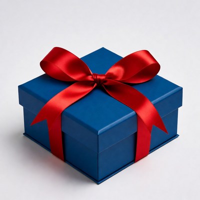 Blue gift box with red ribbon