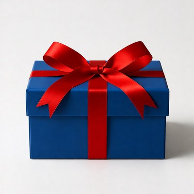 Blue gift box with red ribbon