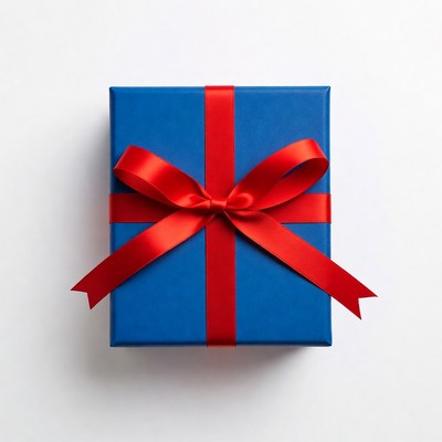 Blue gift box with red ribbon