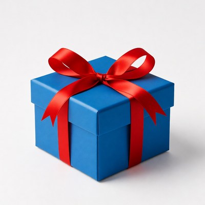 Blue gift box with red ribbon
