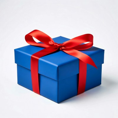 Blue gift box with red ribbon
