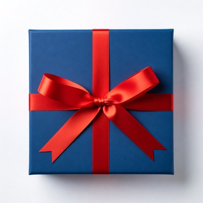Blue gift box with red ribbon