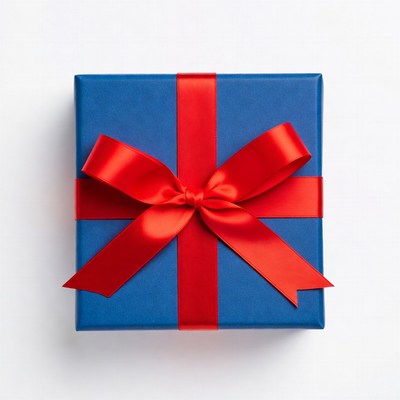 Blue gift box with red ribbon