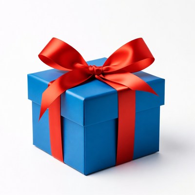 Blue gift box with red ribbon