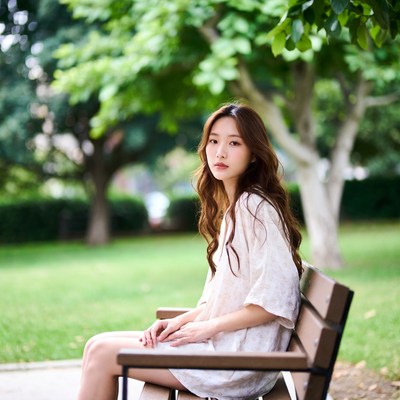 Asian woman sitting on park bench