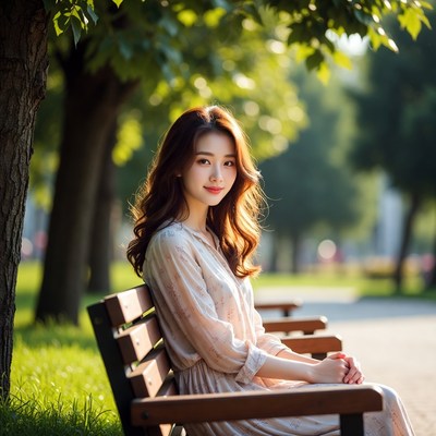 Asian woman sitting on park bench