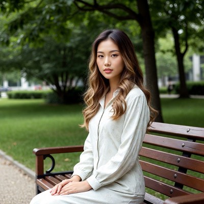 Asian woman sitting on park bench