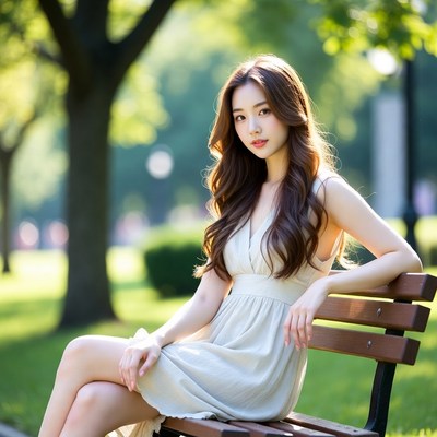 Asian woman in white dress on park bench