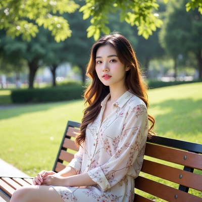 Asian woman sitting on park bench