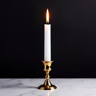 Lit White Candle on Gold Candlestick