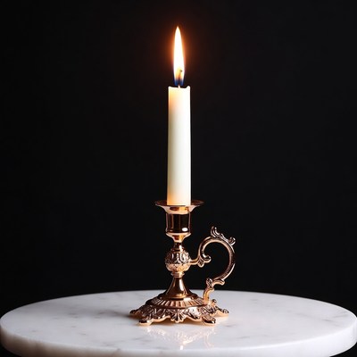 Burning Candle on Ornate Gold Candlestick