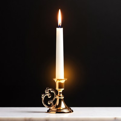 Lit White Candle in Gold Holder