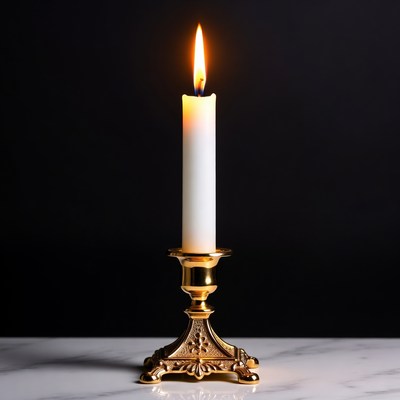Lit White Candle on Gold Candlestick