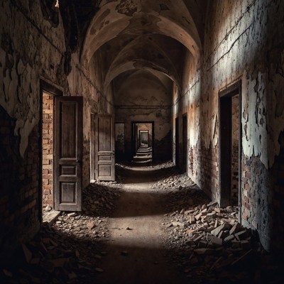 Abandoned Arched Hallway with Open Doors