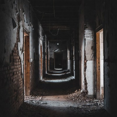 Abandoned Dark Hallway with Open Doors