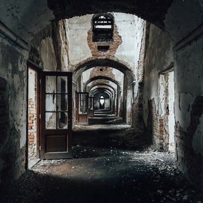 Abandoned Arched Hallway with Open Doors