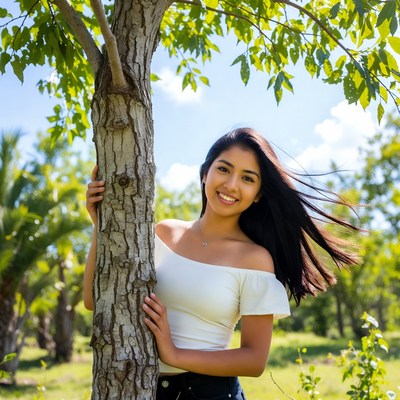 Smiling Latina girl hugging tree
