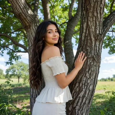 Young woman leaning against tree