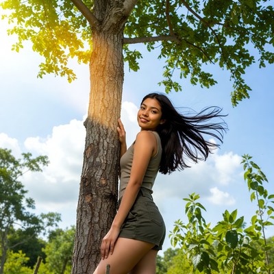 Asian woman leaning against tree