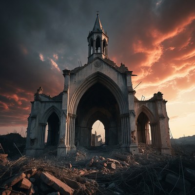 Ruined Gothic Church at Sunset