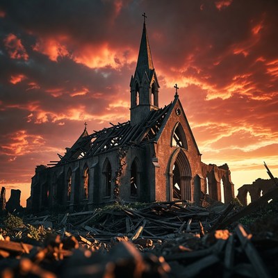 Ruined Church in Dramatic Sunset