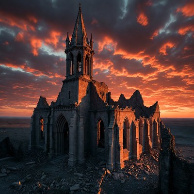 Ruined Gothic Church at Sunset