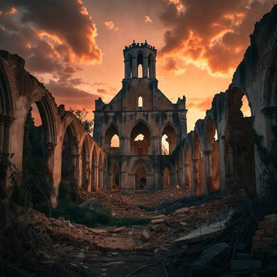 Ruined Gothic Church at Sunset