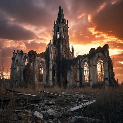 Ruined Gothic Church at Sunset