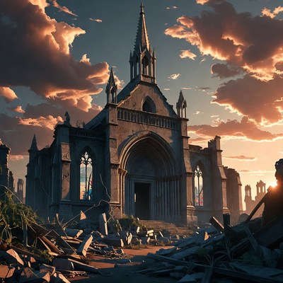 Ruined Gothic Church at Sunset