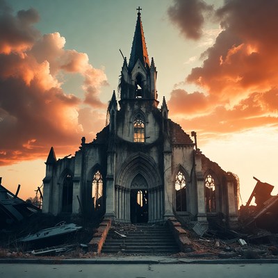 Ruined Gothic Church at Sunset