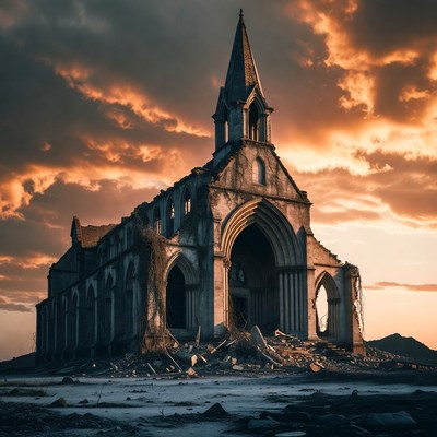 Ruined Gothic Church at Sunset