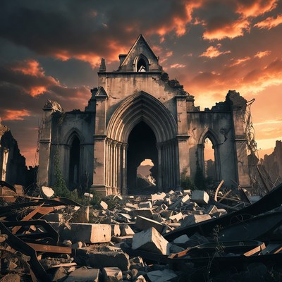 Ruined Gothic Church at Sunset