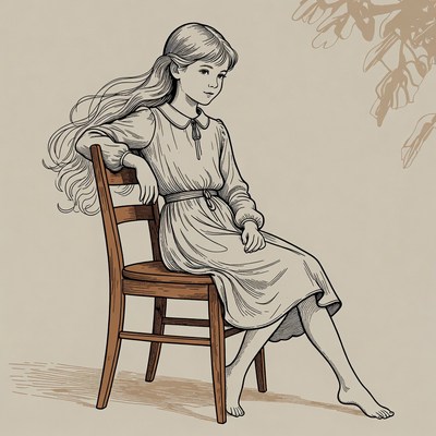 Girl sitting barefoot on wooden chair