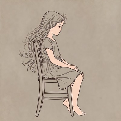 Girl sitting barefoot on wooden chair